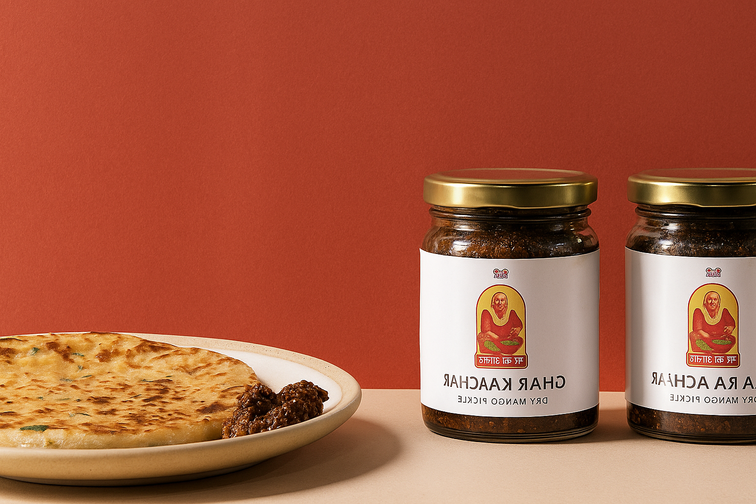 Two jars of 'Ghar Ka Achar' pickle with a plate of flatbread on a peach background