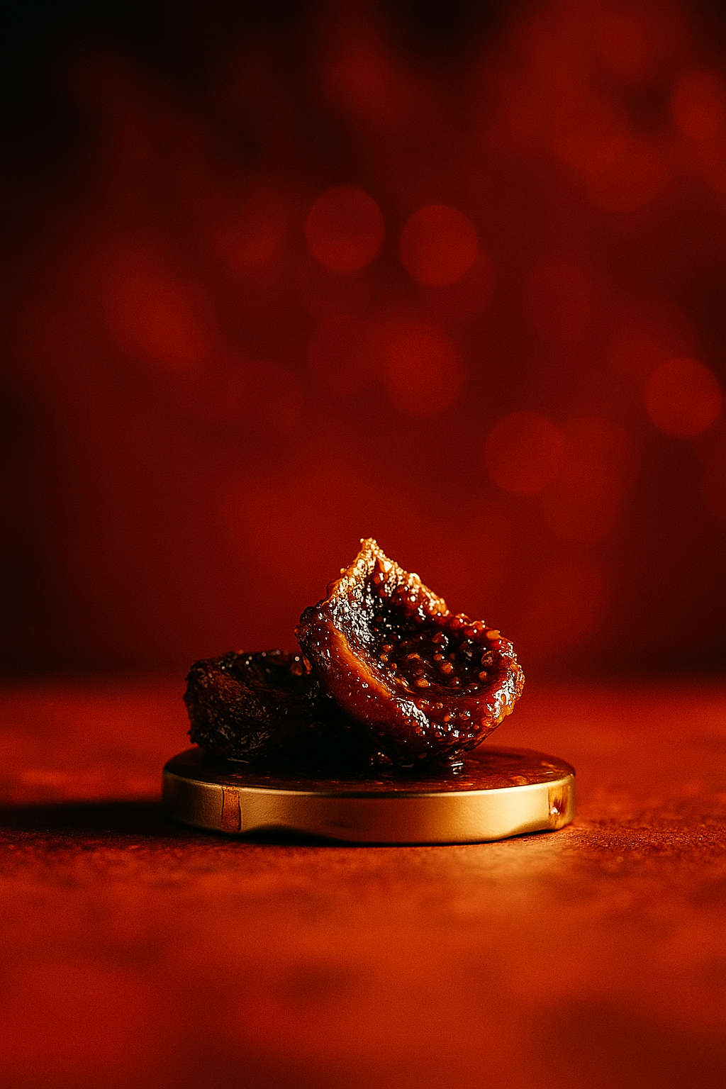 Two dark brown achar on a gold stand against a red background